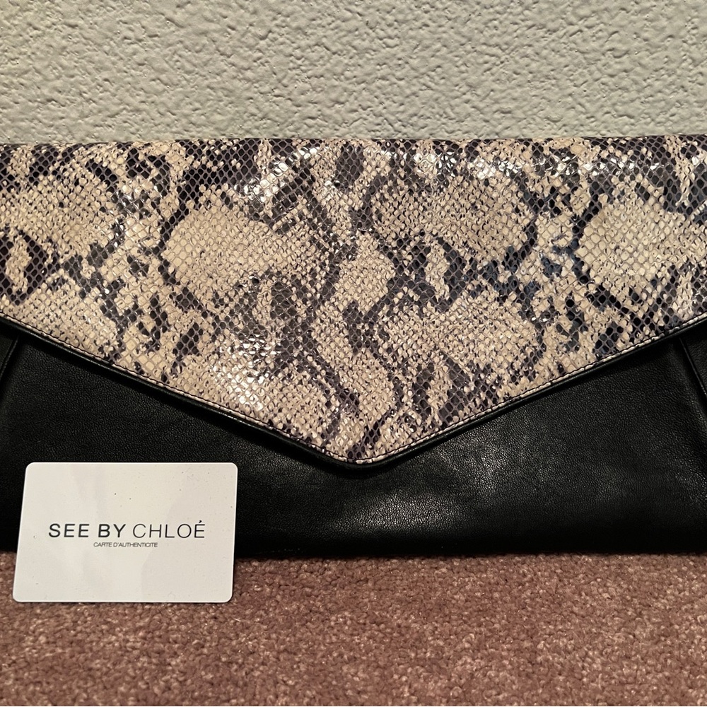See By Chloe Black and Snake Print Clutch